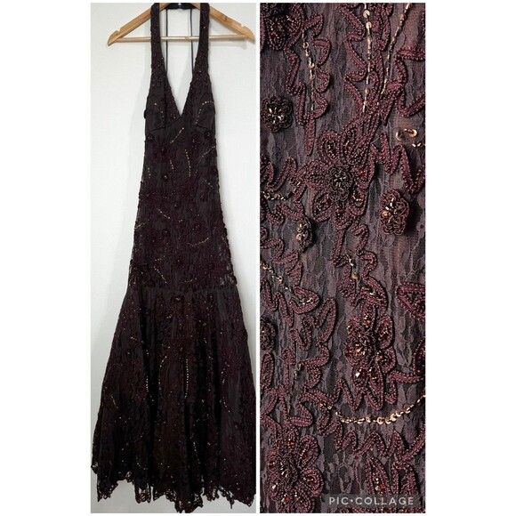 Sue Wong Nocturne Formal Dress Brown Lace Beaded Halter Maxi Size 8 - Picture 1 of 16